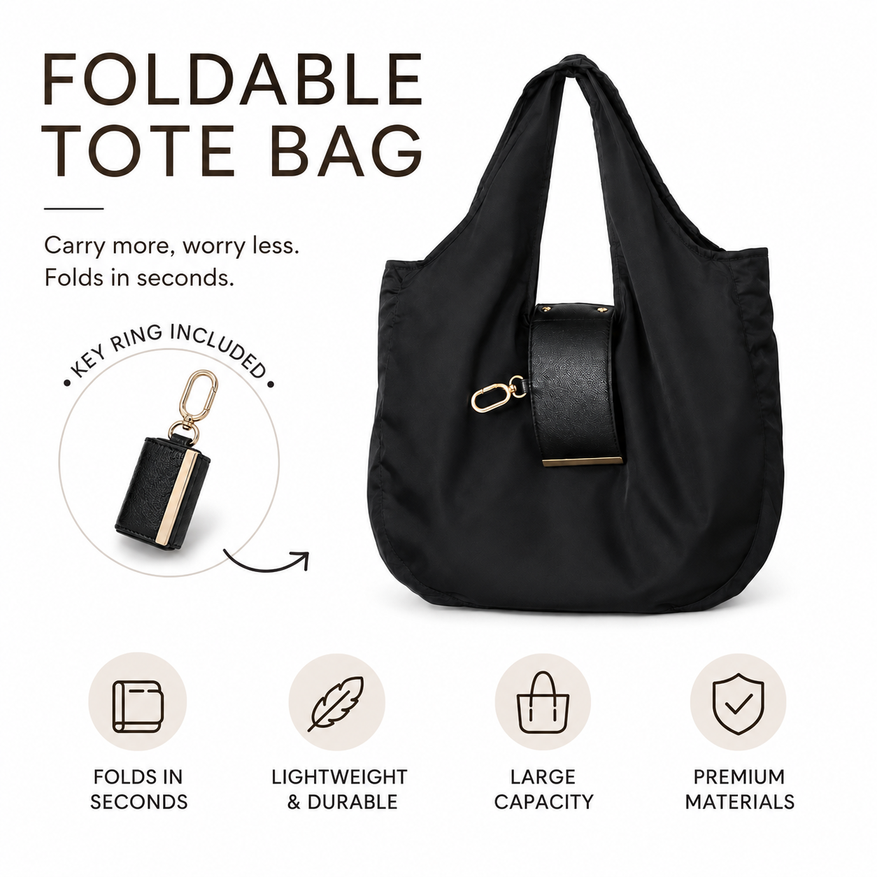 Foldable Keychain Tote Bag, Reusable Shopping Bag with Key Ring