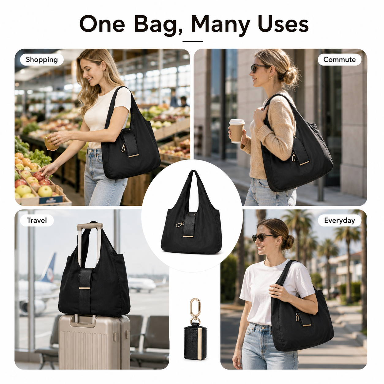 Foldable Keychain Tote Bag, Reusable Shopping Bag with Key Ring