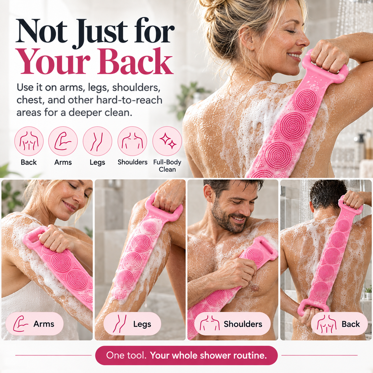 🚿Silicone Back Scrubber Belt – Exfoliating Shower Strap with Easy-Grip Handles for Deep Cleansing & Massage