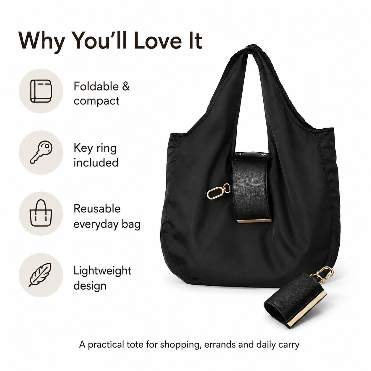 Foldable Keychain Tote Bag, Reusable Shopping Bag with Key Ring