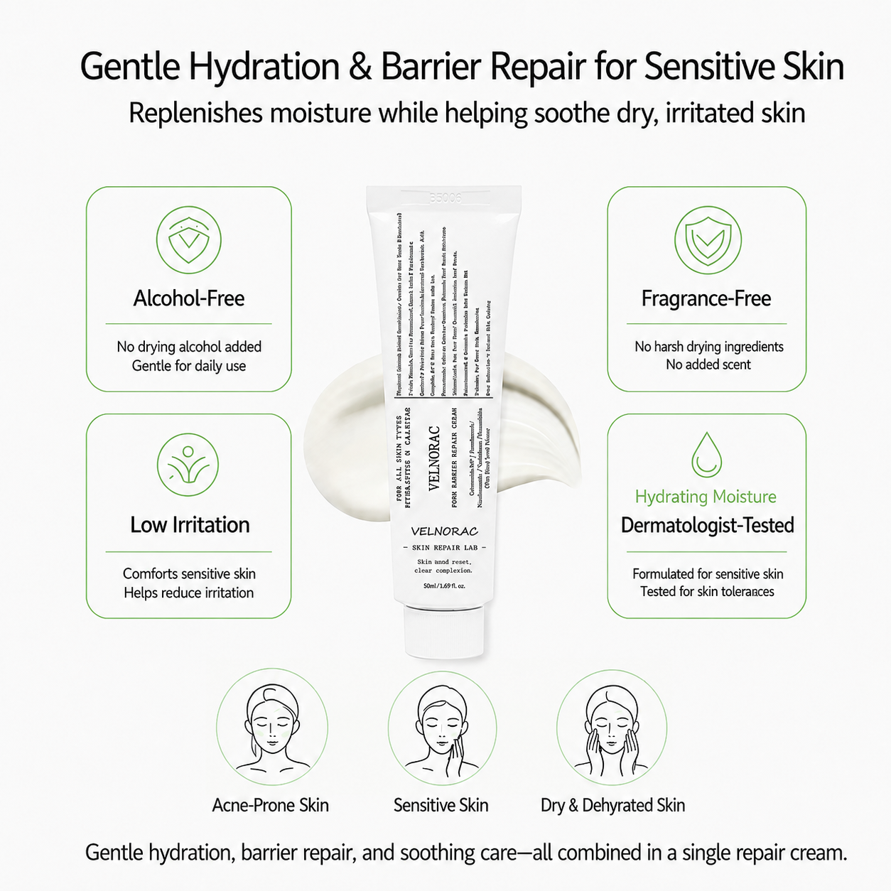 VELNORAC® PDRN Barrier Repair Cream – Hydrating Moisturizer for Breakout-Prone Skin, Redness, Post-Acne Marks & Dry Flaky Skin