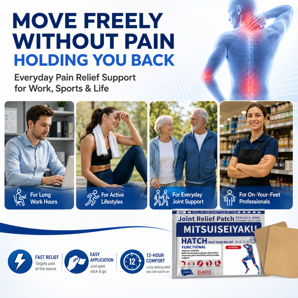 Joint Relief Patch, Fast-Acting Pain Relief Patches for Knee, Back, Neck, Shoulder & Muscle Discomfort