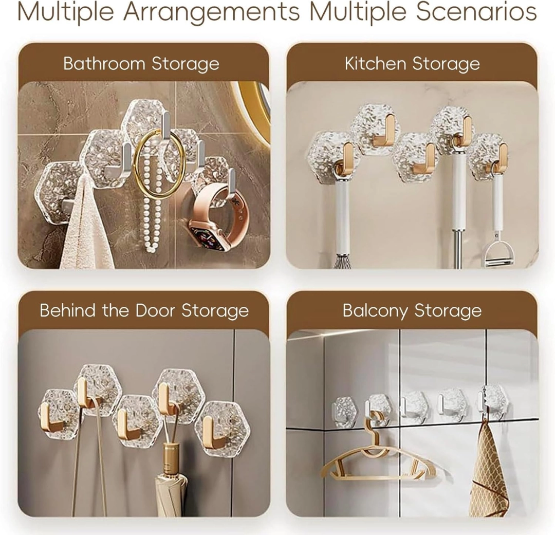 Crystal Clear Hex Ripple Wall Hooks – Heavy-Duty & No-Drill