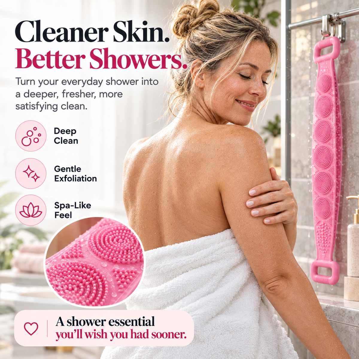 🚿Silicone Back Scrubber Belt – Exfoliating Shower Strap with Easy-Grip Handles for Deep Cleansing & Massage