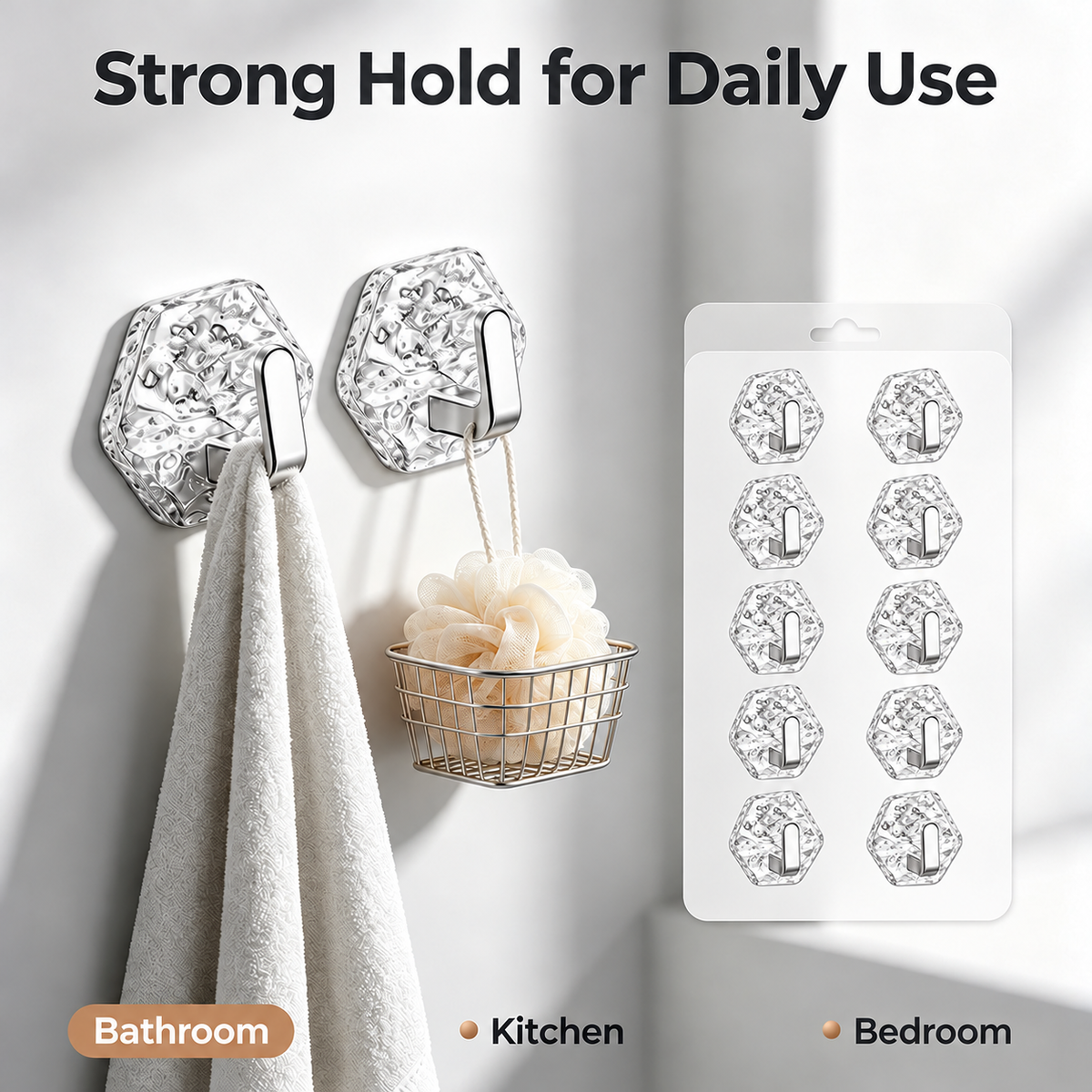 Crystal Clear Hex Ripple Wall Hooks – Heavy-Duty & No-Drill