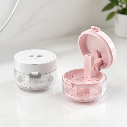 3-in-1 Retainer Soak Case with Drain Tray, Mirror & Cleaning Brush for Aligners & Dentures