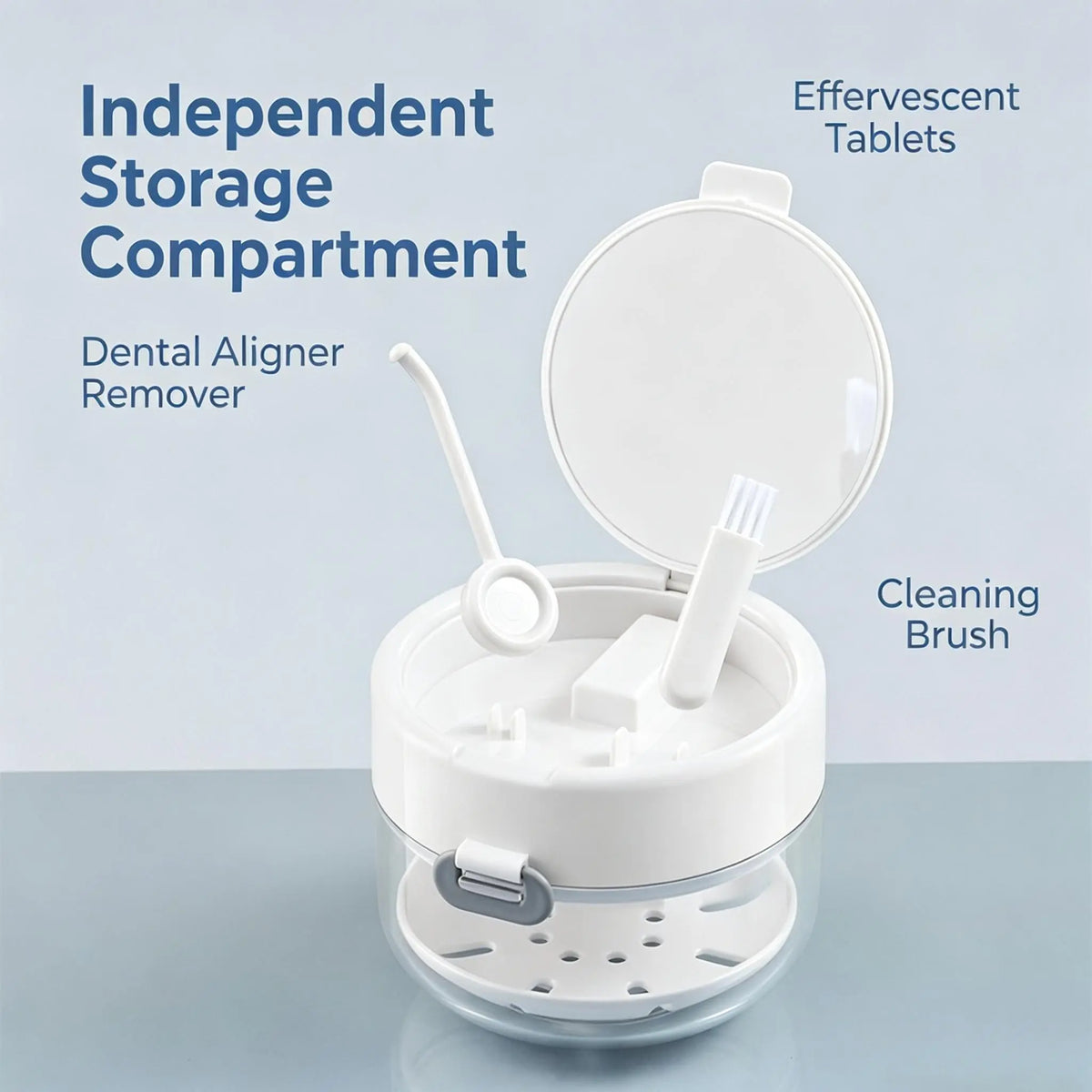 3-in-1 Retainer Soak Case with Drain Tray, Mirror & Cleaning Brush for Aligners & Dentures